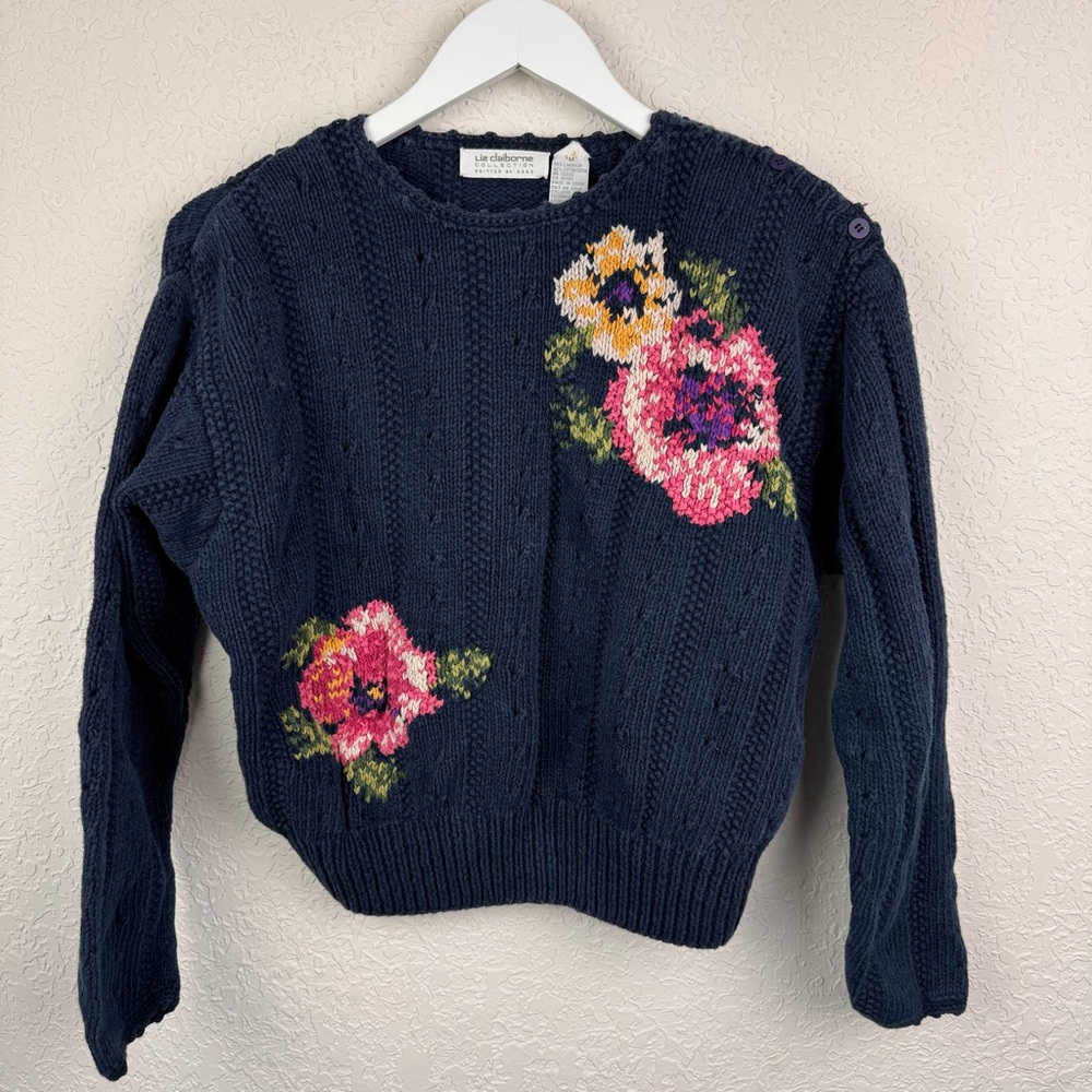 Vintage Liz Claiborne Med Collection Navy Floral Embellished Linen Blend Sweater - Picture 3 of 10